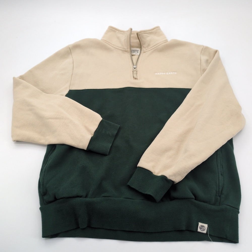 Happy Earth Organic Cotton Colorblock 1/4‎ Zip Pullover Sweatshirt Green Beige L